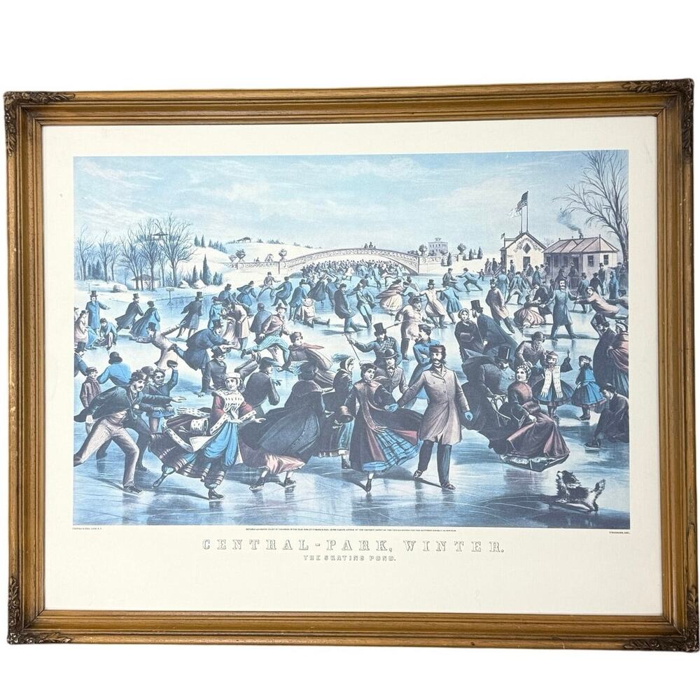Currier & Ives Central Park Winter Skating Pond Print Vintage Frame MCM